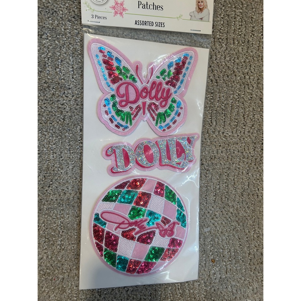 Dolly Parton Sequin Embroidered Patch Set 3pc Butterfly Disco Ball Pink Teal New